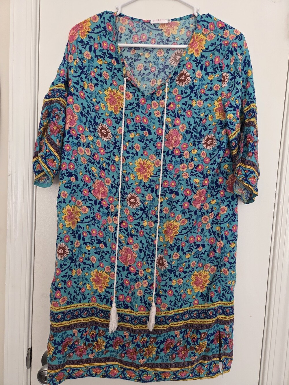 Halife Turquoise Floral Boho Tunic Dress Medium Tassel Tie V-Neck Coverup